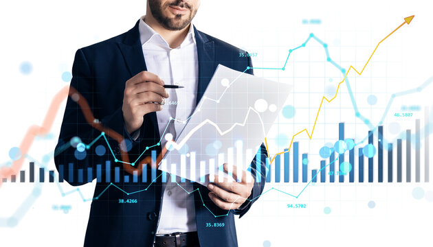 Businessman holding paper report with financial charts and graphs overlayed, modern graphic style on white background, concept of market analysis