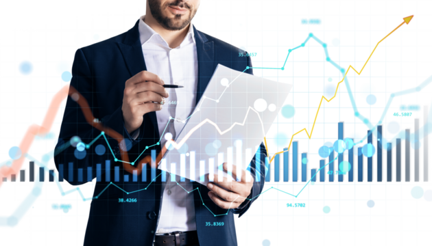 Businessman holding paper report with financial charts and graphs overlayed, modern graphic style on white background, concept of market analysis