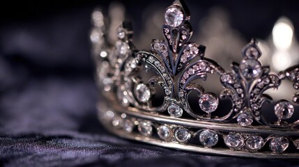 Close-up of an ornate silver crown adorned with sparkling gemstones resting on a dark velvet background