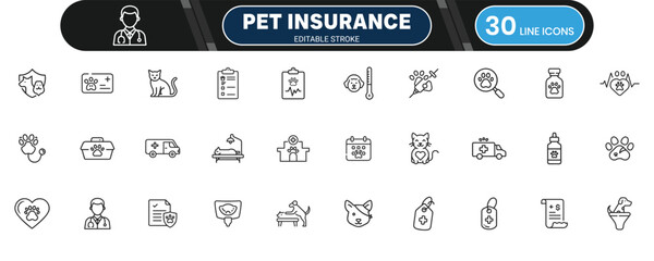 Pet Insurance and Veterinary Care Line Icon Set for Animal Health, Protection, and Medical Services