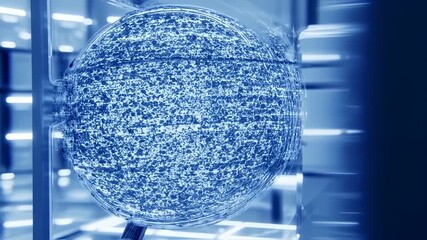 Dynamic Blue Particle Sphere Rotating in Futuristic Digital Science Environment Loop - Powered by Adobe