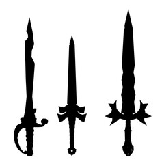 Three black sword silhouettes stand out sharply against a white background. The blades are pointed and sharp, while the handles feature long, curved designs. Each sword varies in size and shape.
