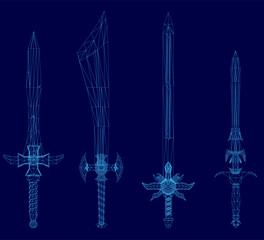 Four ornate swords with intricate wireframe designs are arranged symmetrically on a deep blue background. The blades range from silver to gold tones, each featuring unique detailing on the handles.