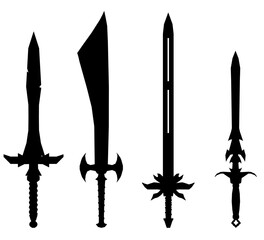 Four sword silhouettes with varied shapes and sizes contrast sharply against a white background. Curved and straight blades create distinct profiles in black.