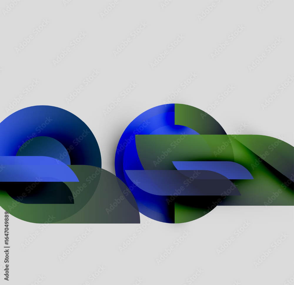 Poster abstract shapes overlap, creating dynamic composition. blue, green hues dominate neutral background.