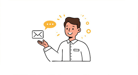 Smiling cartoon man in a white shirt gesturing towards an email and message icon.