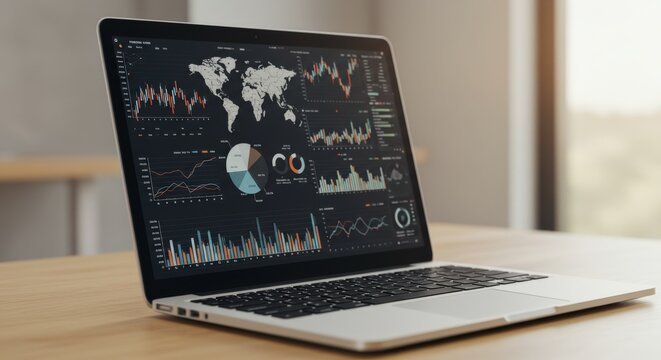 Laptop Displaying Data Visualization Charts and Graphs.