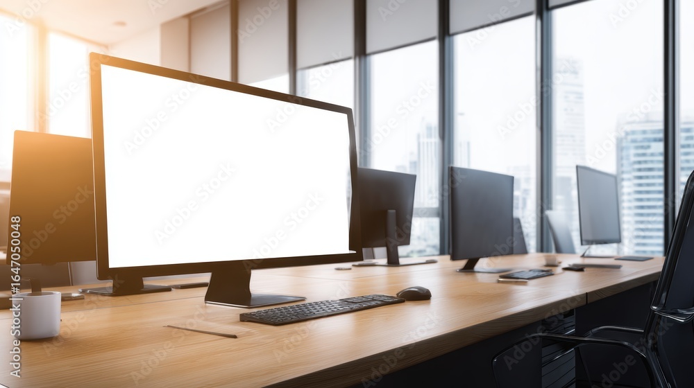 Aufkleber modern office workspace with multiple monitors and a bright city skyline visible through large windo