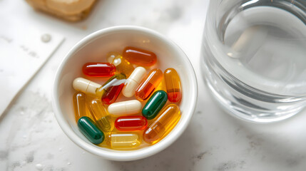Close-up of colorful multivitamin capsules and omega-3 fish oil soft gels in a small white bowl