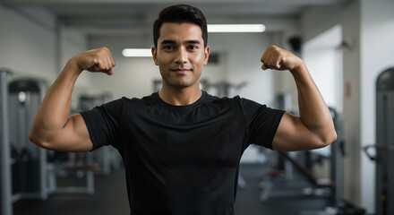 Strong young Asian man flexing his biceps and smiling proudly at the camera in a gym