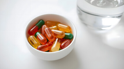 Close-up of colorful multivitamin capsules and omega-3 fish oil soft gels in a small white bowl