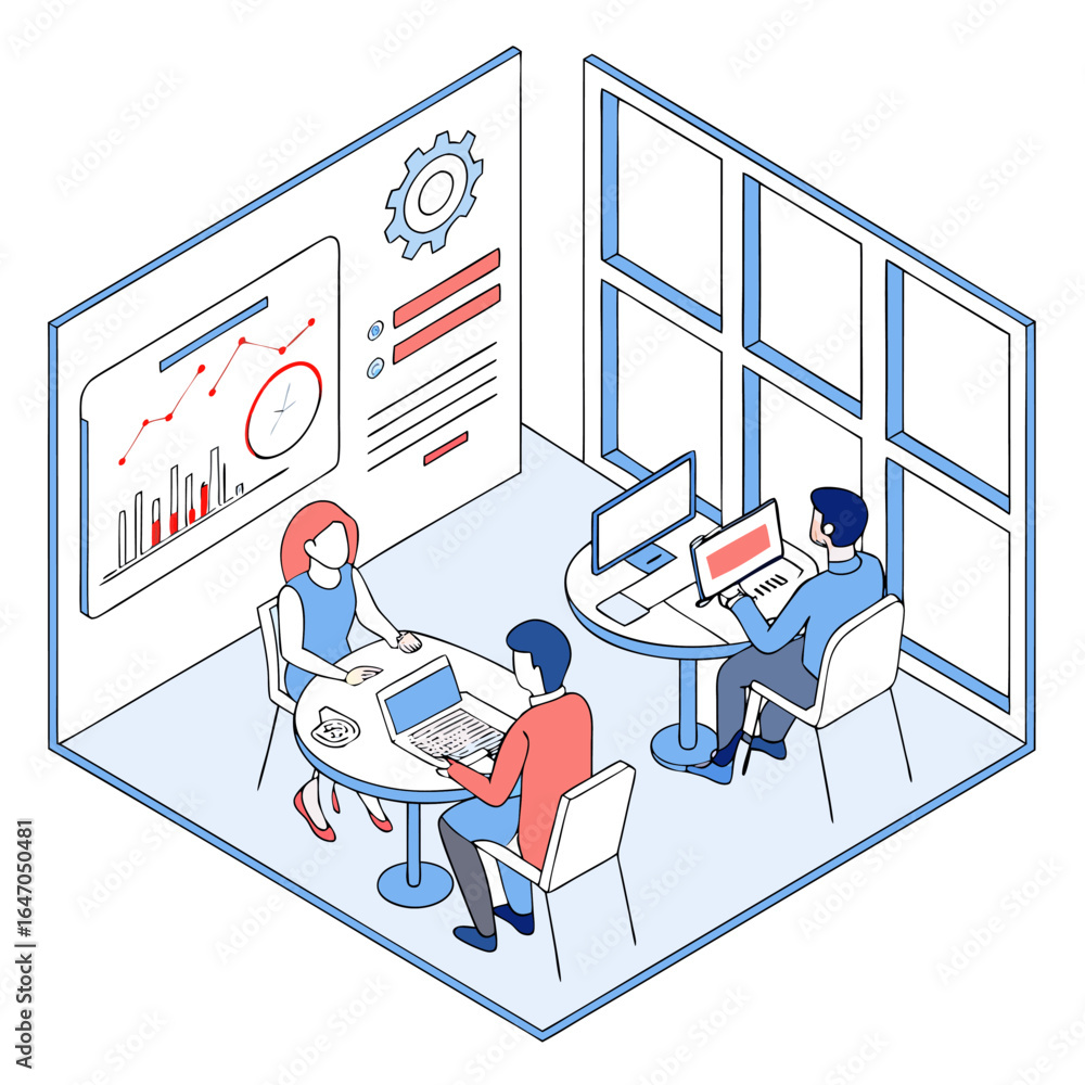Leinwandbilder isometric view of a meeting room with people working on laptops and computers discussing data charts