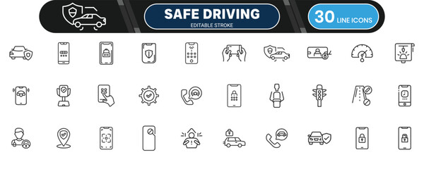 Safe Driving and Mobile Lock Line Icon Set for Transportation, Security, and Driver Assistance Apps