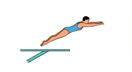 Stylized cartoon diver in a blue swimsuit executing a forward dive from a springboard.