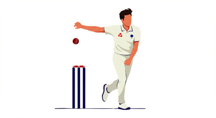 Stylized illustration of a cricket bowler in a white uniform during a bowling action.