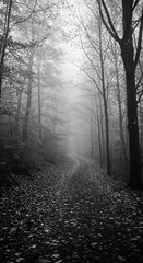 Obraz premium Foggy Forest Path: A Black and White Landscape