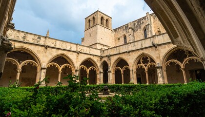 Obraz premium A grand courtyard framed by ornate arches with detailed stone carvings.