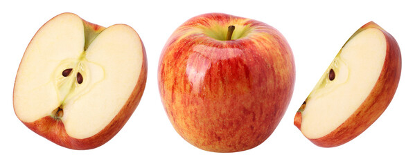 red apple (Envy Apple), half and slice isolated, fresh red apple, transparent PNG, PNG format