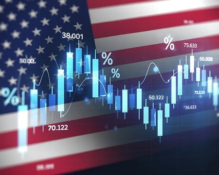 Usa stock market growth and financial data overlayed on american flag