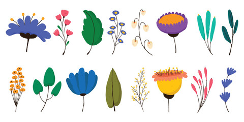 Obraz premium Cute Flower and Leaf Set in Doodle Style. Hand-drawn botanical elements with whimsical blooms, berries, and foliage. Feminine decorative set perfect for cards, invitations, scrapbooking, packaging