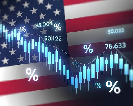 Us stock market financial data analysis with american flag background