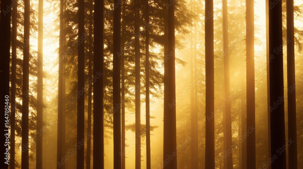 Aufkleber serene golden light filtering through tall trees in a tranquil forest setting at dawn