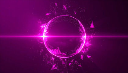 Magenta glowing orb surrounded by floating light fragments. Abstract round shape. Modern design.