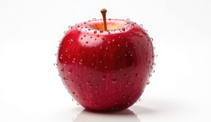 Close-up of a fresh, vibrant red apple covered in water droplets.