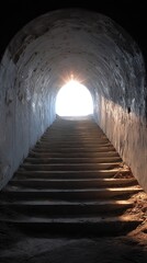 Stone steps ascend towards a bright exit at the end of a dark tunnel