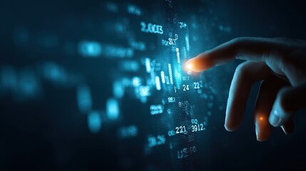 Hand Touching Glowing Data Screen Futuristic Technology Concept.