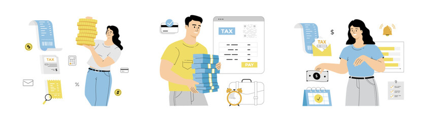 Tax payment. Data analysis, paperwork, financial research, report. Man with tax form, calendar, envelope, bills. Flat vector illustration isolated on white background.	
