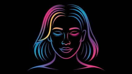 Neon Outline Portrait of Woman with Multicolored Gradient Design