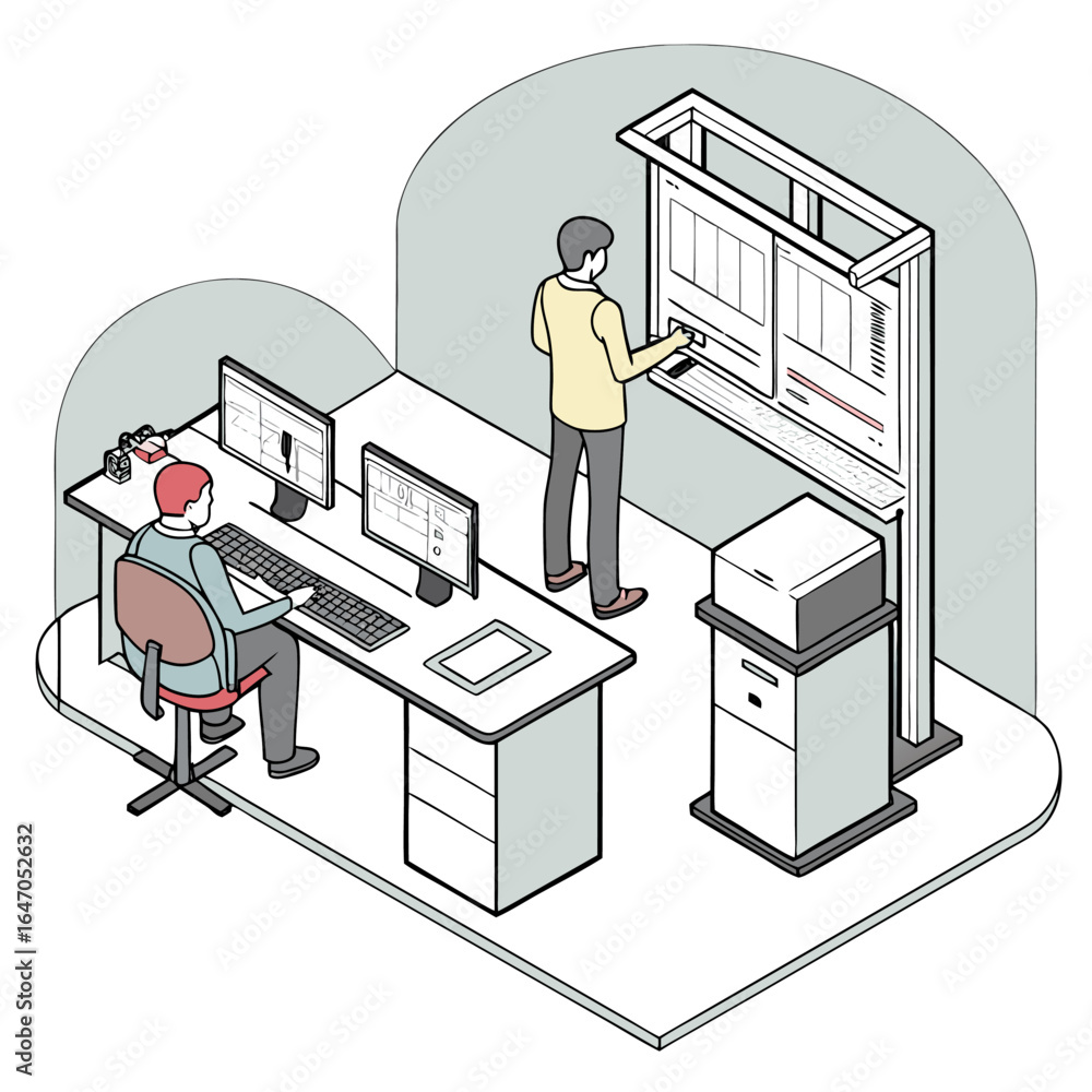 Leinwandbilder isometric illustration of two people in an office setting with computers and a large display screen 