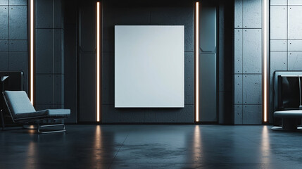 Blank canvas hanging on the wall in a futuristic sci-fi living room. 