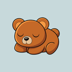Cute Cartoon Brown Bear Cub Sleeping Peacefully on a Light Blue Background