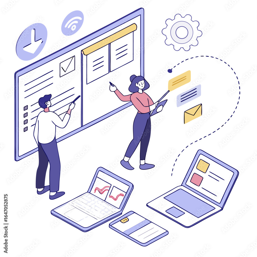 Aufkleber isometric illustration of a team collaborating on a project with laptops and a large interactive scr