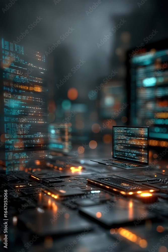 Aufkleber futuristic digital depiction of an advanced circuit with glowing code overlays