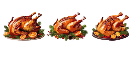 set of roasted christmas turkey with vegetables on plate vector graphic design