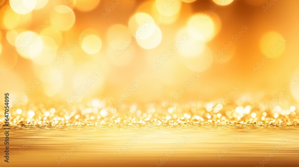 Poster shimmering golden bokeh background with sparkling lights reflecting on a smooth surface, ideal for c