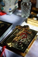Golden Orthodox Cross and Gospel on the Altar