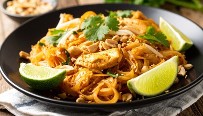 Delicious close up of pad thai noodles with chicken, peanuts, and fresh coriander garnished with lime wedges