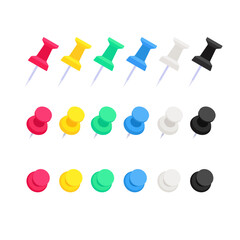 Set of simple flat colored push pins in different position. Vector illustration isolated on white background