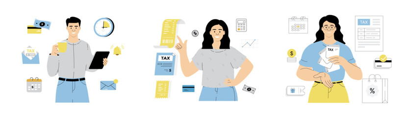 Tax payment. Personal financial account, notifications, invoicing. People count and pay taxes on time without stress. Flat vector illustration isolated on white background.	
