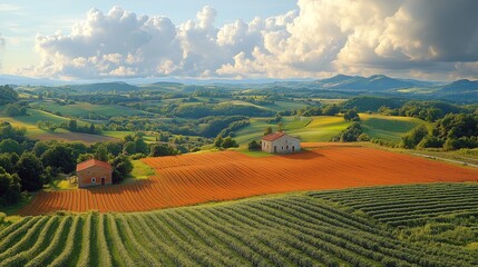 Obraz premium A stunning vista of a rural landscape with two houses surrounded by golden fields and rolling hills under a bright blue sky