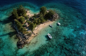 Obraz premium Aerial view of a heart-shaped tropical island with boats and crystal waters