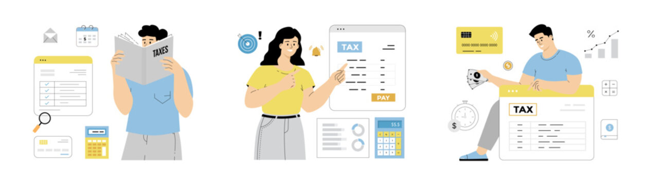 Online tax payment. Tax calculation, making income tax return. Personal financial account. Flat vector illustration isolated on white background.	
