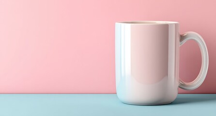 White mug on a pastel pink and blue background in minimalist style