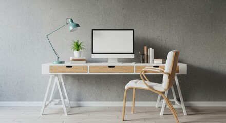 An industrial style office with a concrete wall.

