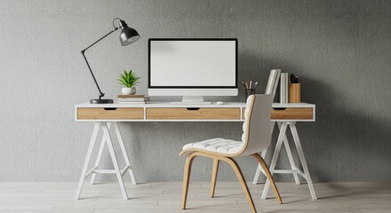 An industrial style office with a concrete wall.

