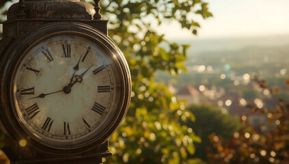 Fototapeta premium The image features a vintage clock with Roman numerals, set against a blurred background of greenery and distant scenery in a soft, warm light.